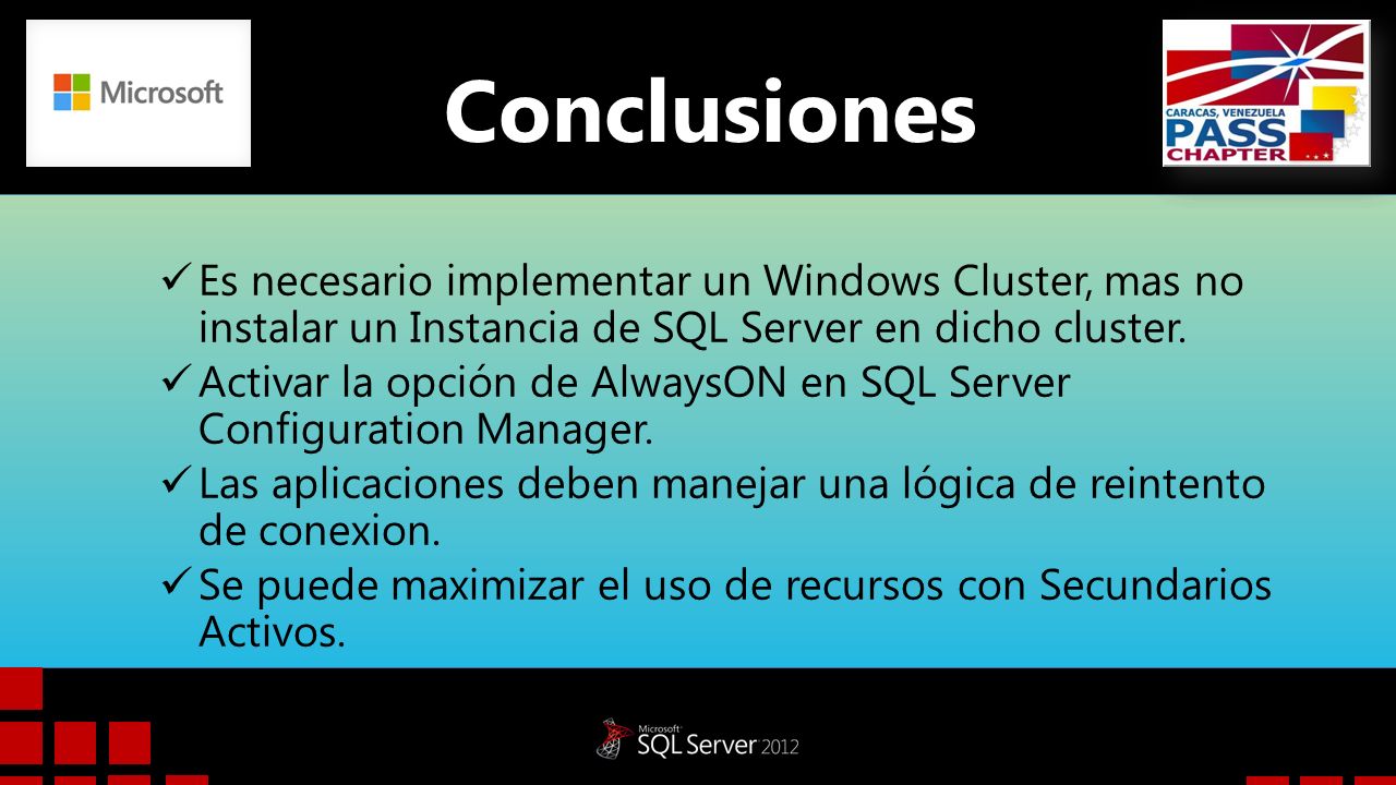 Conclusiones Es necesario implementar un Windows Cluster, mas no instalar un Instancia de SQL Server en dicho cluster.