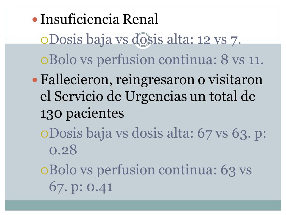 Insuficiencia Renal Dosis baja vs dosis alta: 12 vs 7. Bolo vs perfusion continua: 8 vs 11.