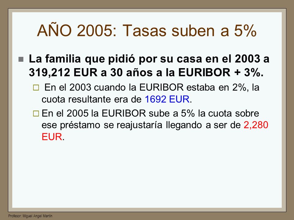AÑO 2005: Tasas suben a 5% La familia que pidió por su casa en el 2003 a 319,212 EUR a 30 años a la EURIBOR + 3%.