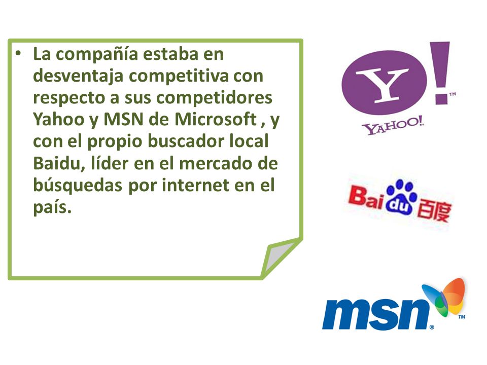 La compañía estaba en desventaja competitiva con respecto a sus competidores Yahoo y MSN de Microsoft , y con el propio buscador local Baidu, líder en el mercado de búsquedas por internet en el país.