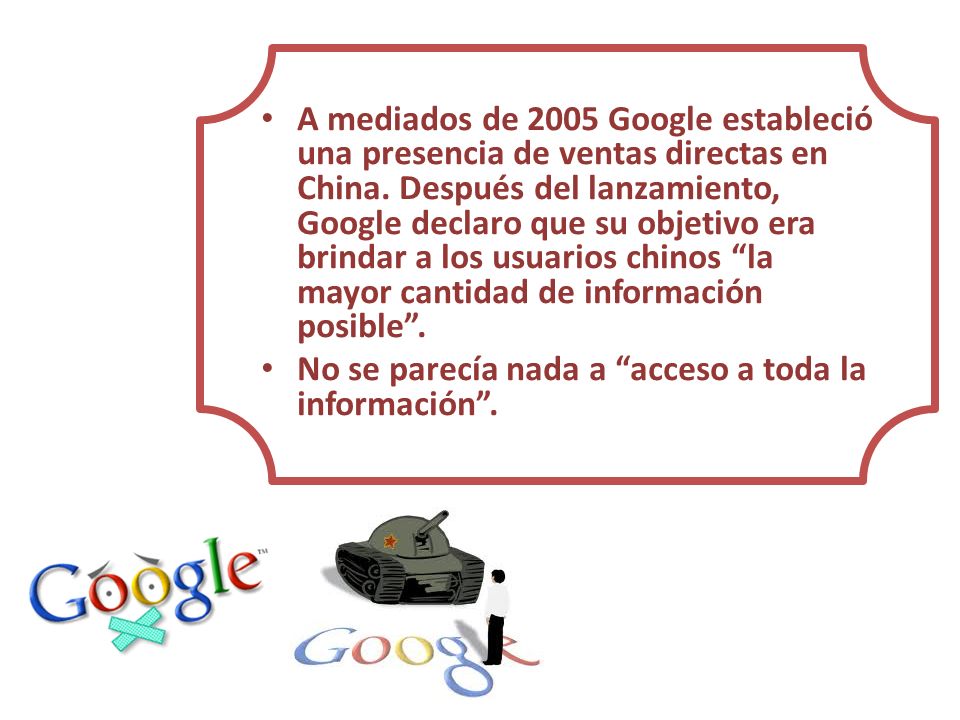 A mediados de 2005 Google estableció una presencia de ventas directas en China. Después del lanzamiento, Google declaro que su objetivo era brindar a los usuarios chinos la mayor cantidad de información posible .