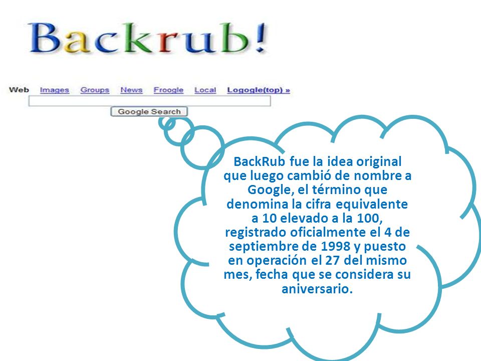 BackRub fue la idea original que luego cambió de nombre a Google, el término que denomina la cifra equivalente a 10 elevado a la 100, registrado oficialmente el 4 de septiembre de 1998 y puesto en operación el 27 del mismo mes, fecha que se considera su aniversario.