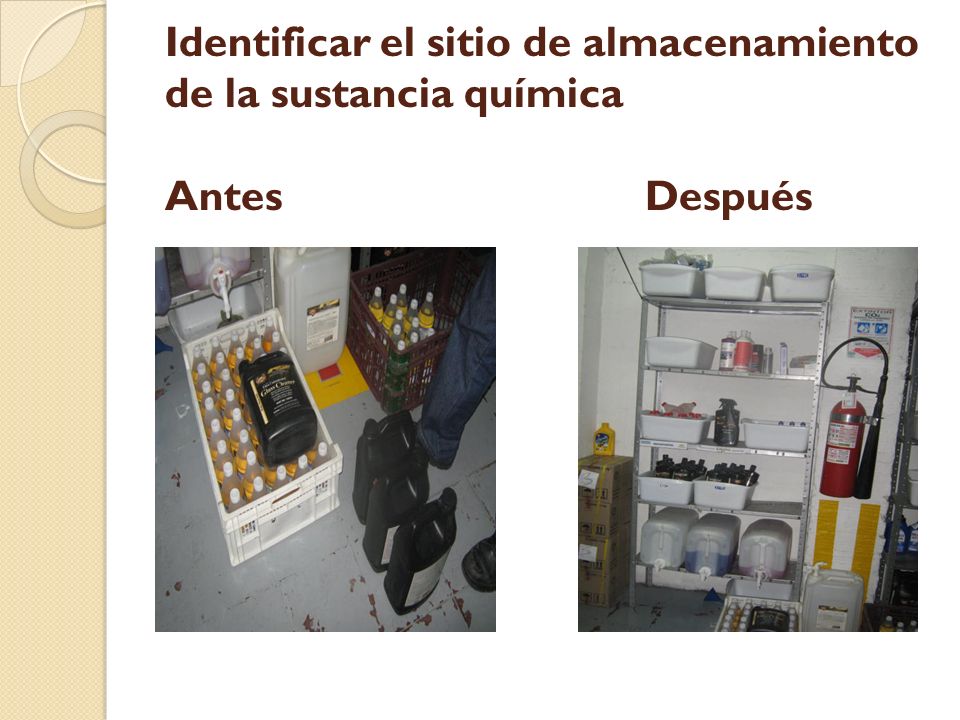 Identificar el sitio de almacenamiento de la sustancia química Antes