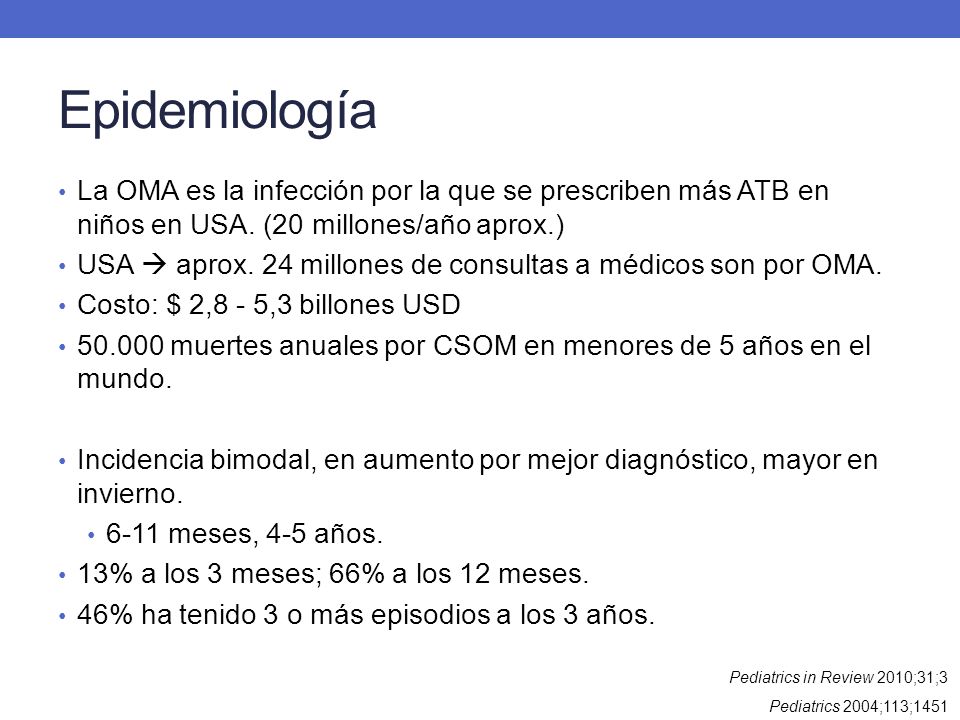 Epidemiología La OMA es la infección por la que se prescriben más ATB en niños en USA. (20 millones/año aprox.)