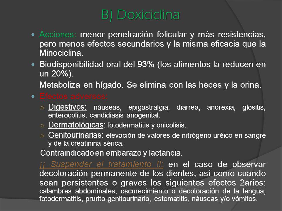 B) Doxiciclina Acciones: menor penetración folicular y más resistencias, pero menos efectos secundarios y la misma eficacia que la Minociclina.