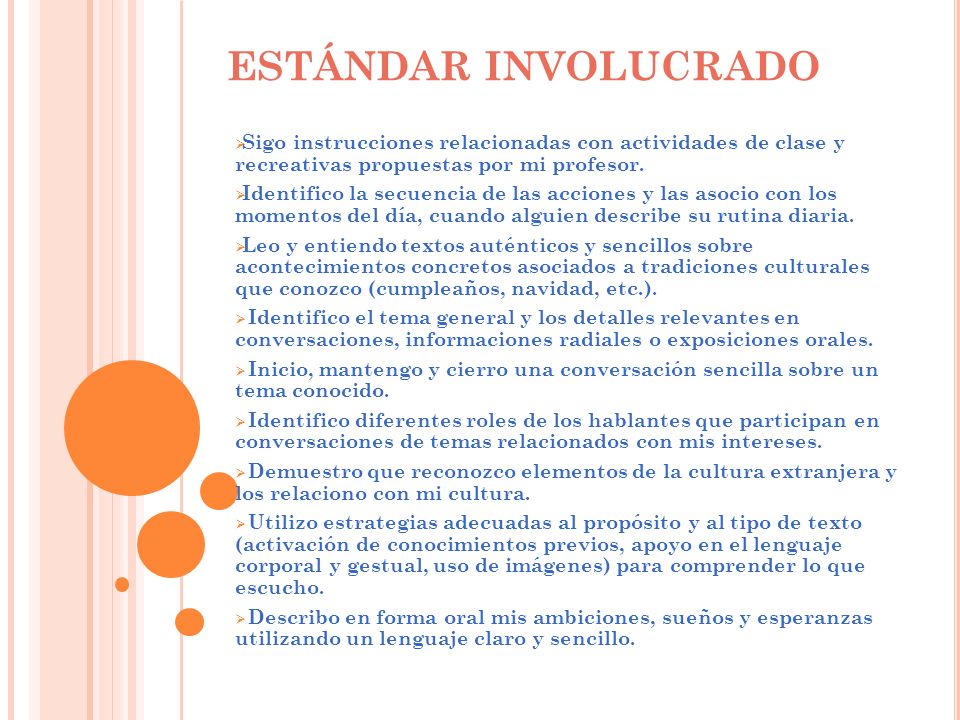ESTÁNDAR INVOLUCRADO Sigo instrucciones relacionadas con actividades de clase y recreativas propuestas por mi profesor.