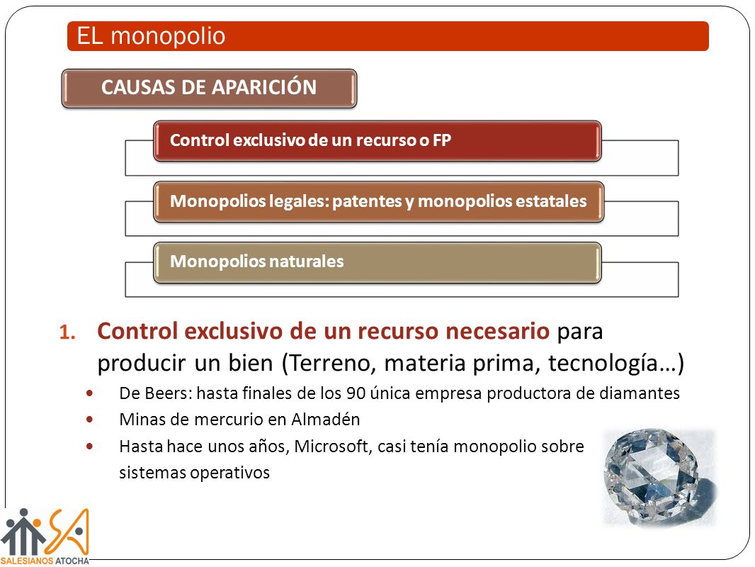EL monopolio CAUSAS DE APARICIÓN. Control exclusivo de un recurso o FP. Monopolios legales: patentes y monopolios estatales.