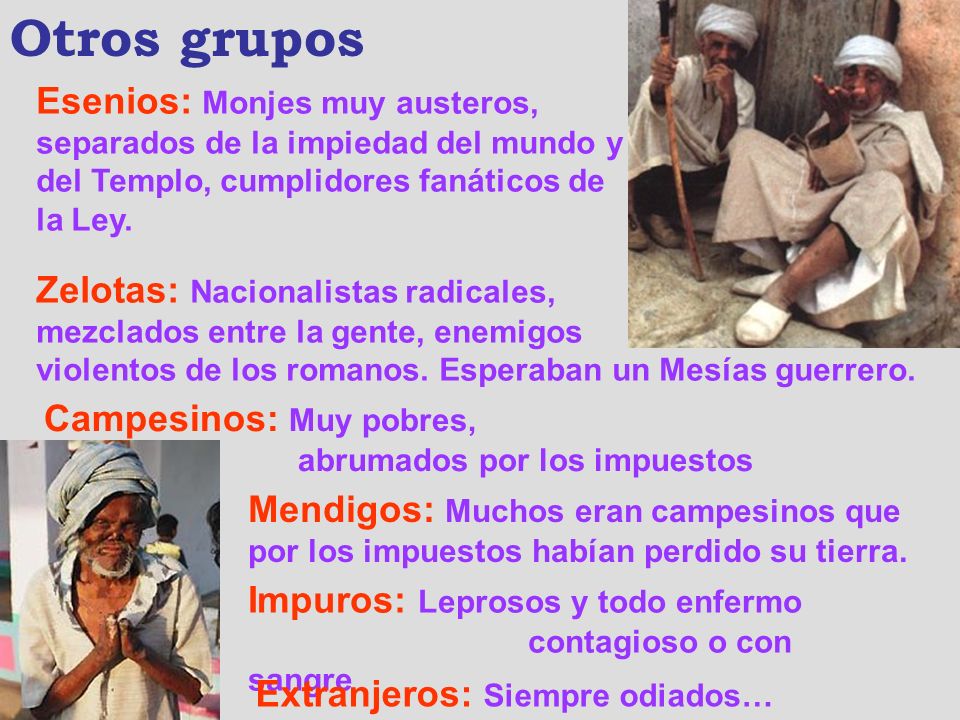 Otros grupos Esenios: Monjes muy austeros, separados de la impiedad del mundo y del Templo, cumplidores fanáticos de la Ley.