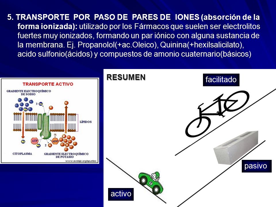 5. TRANSPORTE POR PASO DE PARES DE IONES (absorción de la forma ionizada): utilizado por los Fármacos que suelen ser electrolitos fuertes muy ionizados, formando un par iónico con alguna sustancia de la membrana. Ej. Propanolol(+ac.Oleico), Quinina(+hexilsalicilato), acido sulfonio(ácidos) y compuestos de amonio cuaternario(básicos)