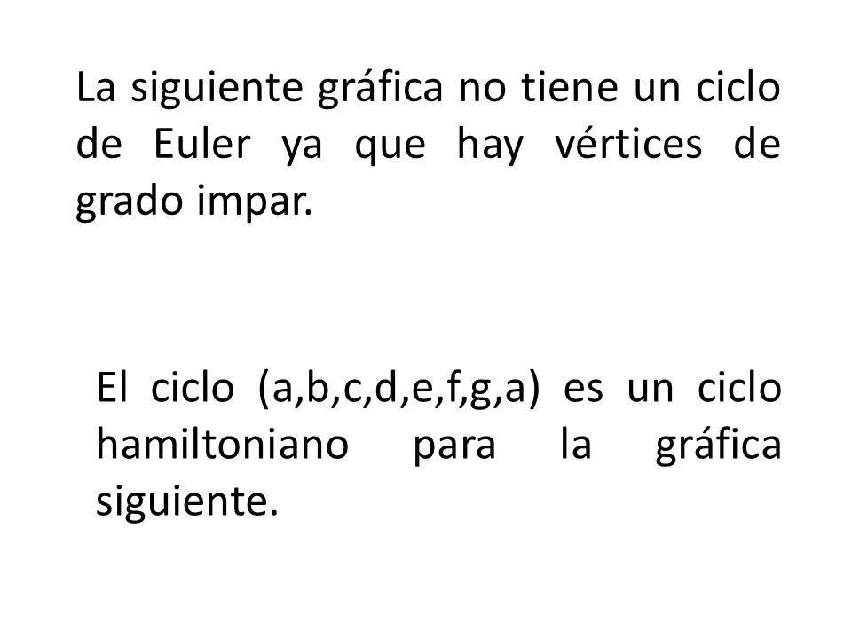 La siguiente gráfica no tiene un ciclo de Euler ya que hay vértices de grado impar.
