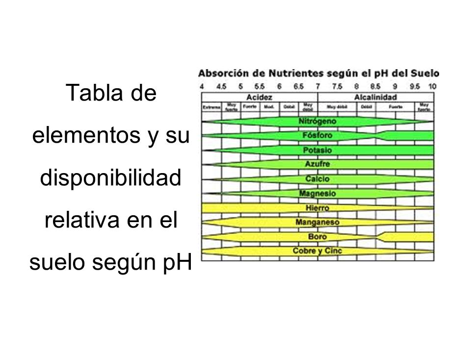 Tabla de elementos y su disponibilidad relativa en el suelo según pH