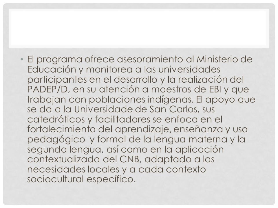 El programa ofrece asesoramiento al Ministerio de Educación y monitorea a las universidades participantes en el desarrollo y la realización del PADEP/D, en su atención a maestros de EBI y que trabajan con poblaciones indígenas.