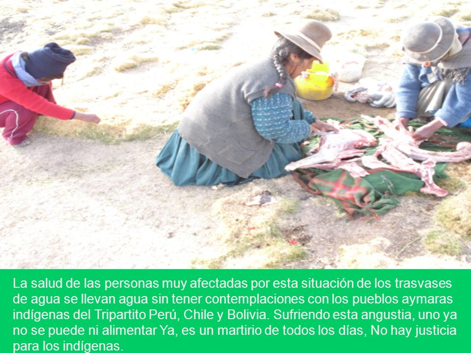 La salud de las personas muy afectadas por esta situación de los trasvases de agua se llevan agua sin tener contemplaciones con los pueblos aymaras indígenas del Tripartito Perú, Chile y Bolivia.