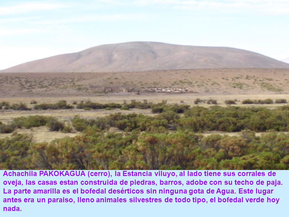 Achachila PAKOKAGUA (cerro), la Estancia viluyo, al lado tiene sus corrales de oveja, las casas estan construida de piedras, barros, adobe con su techo de paja.