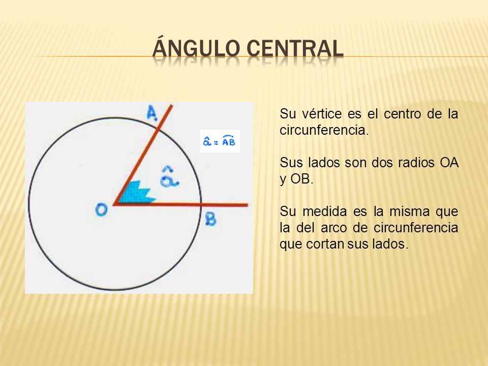 ÁNGULO CENTRAL Su vértice es el centro de la circunferencia.