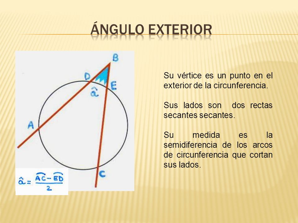 ÁNGULO EXTERIOR Su vértice es un punto en el exterior de la circunferencia. Sus lados son dos rectas secantes secantes.