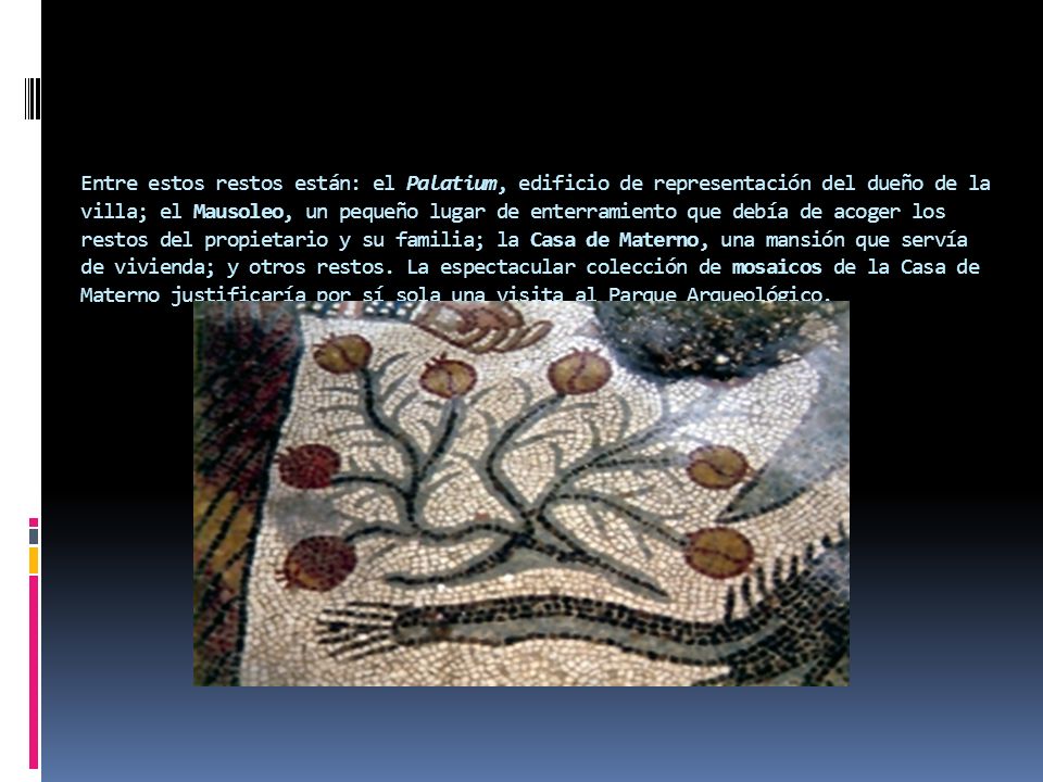 Entre estos restos están: el Palatium, edificio de representación del dueño de la villa; el Mausoleo, un pequeño lugar de enterramiento que debía de acoger los restos del propietario y su familia; la Casa de Materno, una mansión que servía de vivienda; y otros restos.