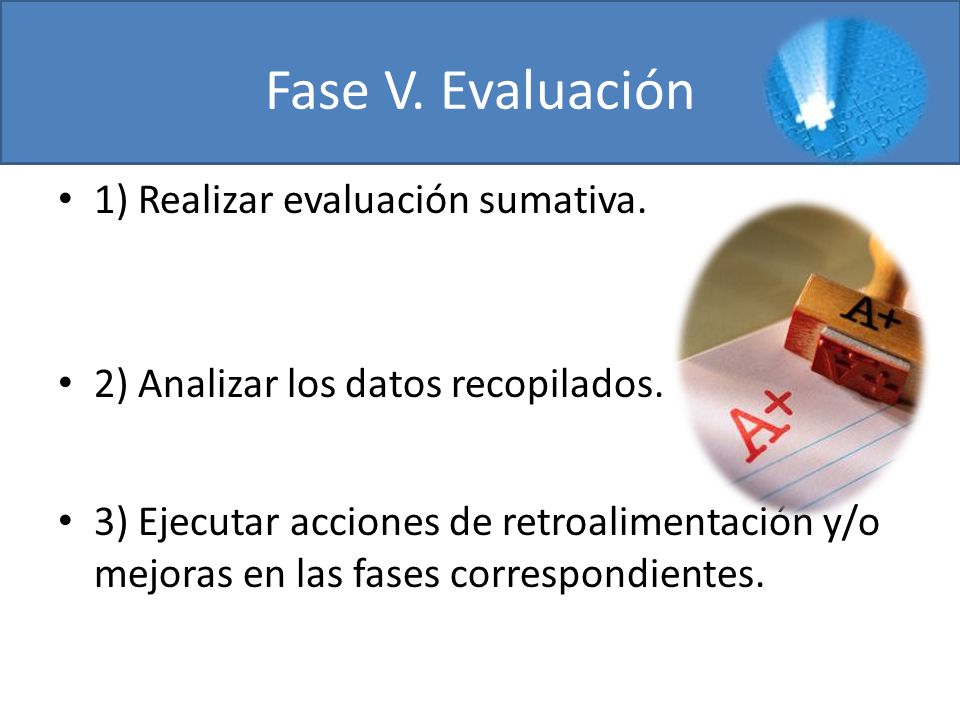 Fase V. Evaluación 1) Realizar evaluación sumativa.