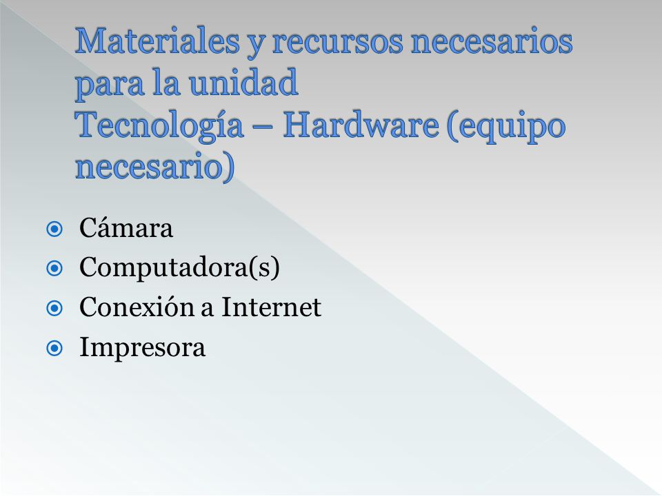 Materiales y recursos necesarios para la unidad Tecnología – Hardware (equipo necesario)