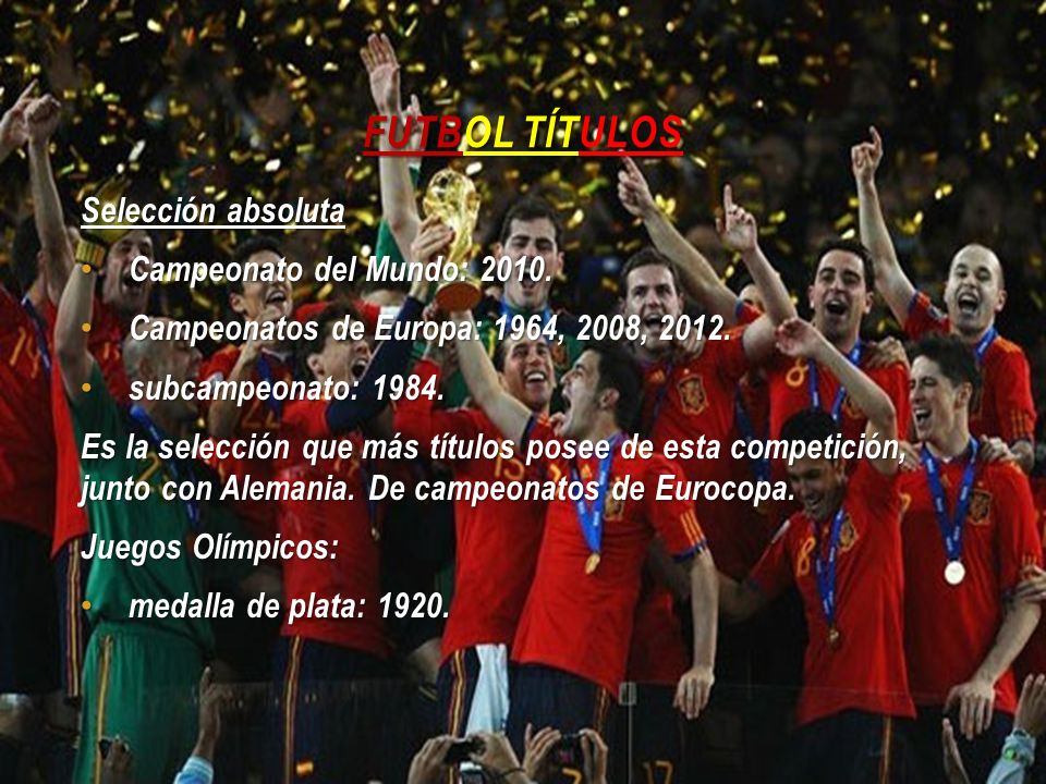 Futbol Títulos Selección absoluta Campeonato del Mundo: 2010.