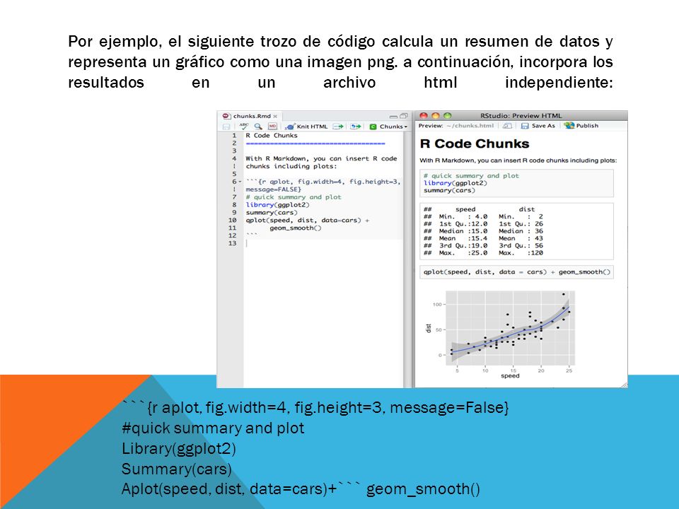 Por ejemplo, el siguiente trozo de código calcula un resumen de datos y representa un gráfico como una imagen png. a continuación, incorpora los resultados en un archivo html independiente: