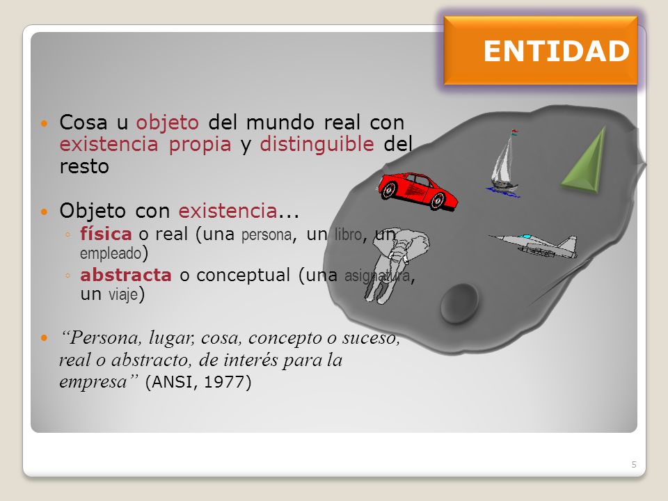 ENTIDAD Cosa u objeto del mundo real con existencia propia y distinguible del resto. Objeto con existencia...