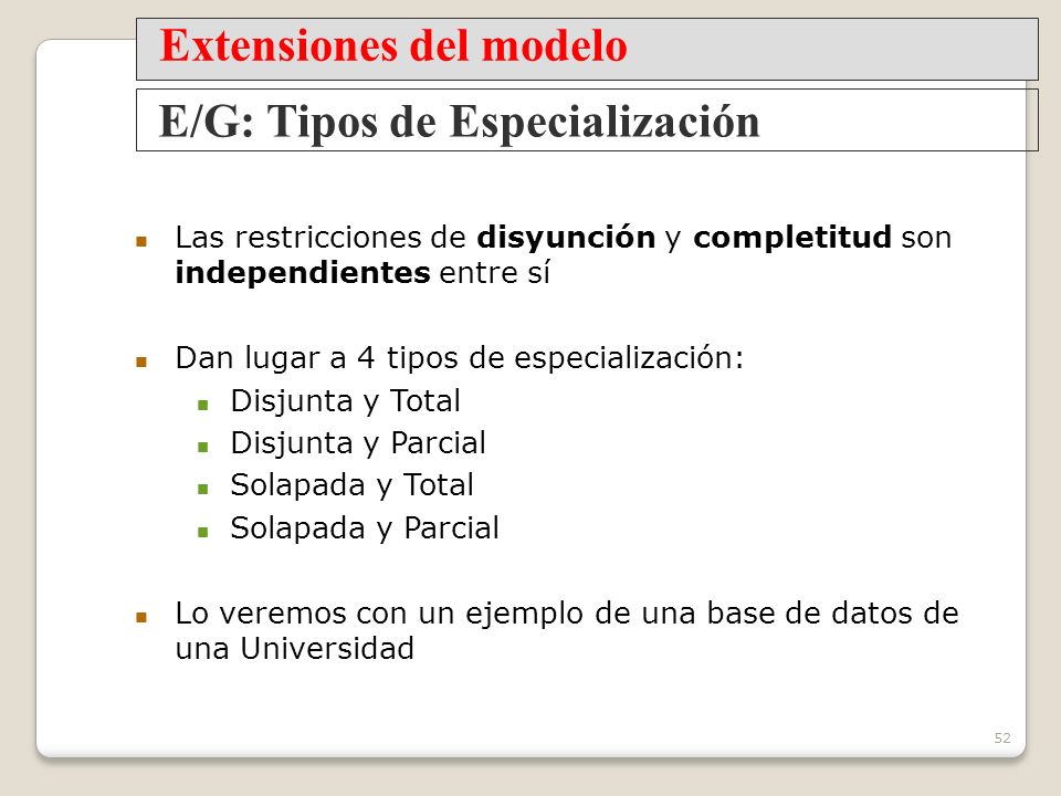 Extensiones del modelo E/G: Tipos de Especialización