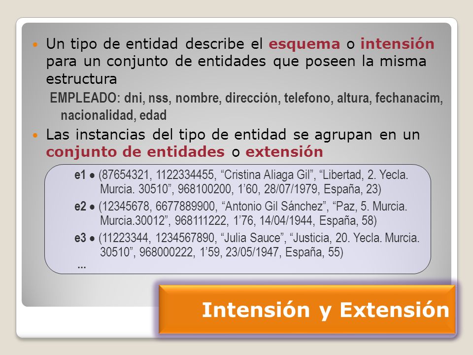 Un tipo de entidad describe el esquema o intensión para un conjunto de entidades que poseen la misma estructura