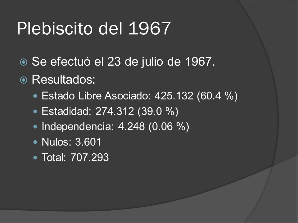 Plebiscito del 1967 Se efectuó el 23 de julio de Resultados: