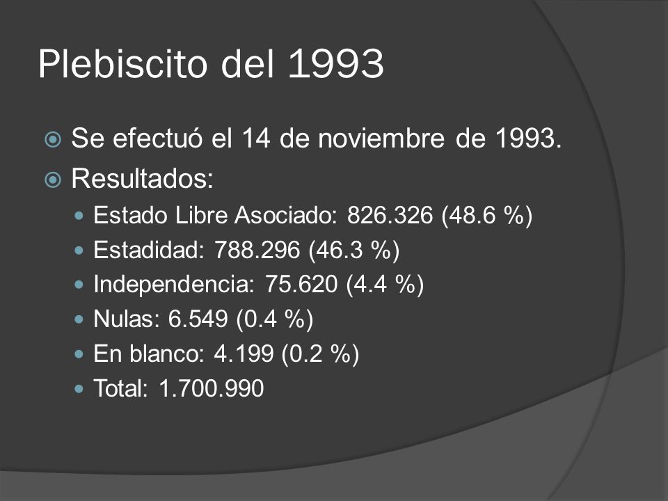 Plebiscito del 1993 Se efectuó el 14 de noviembre de Resultados: