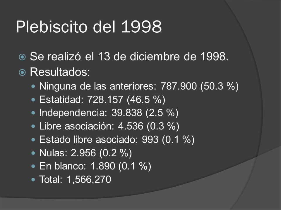 Plebiscito del 1998 Se realizó el 13 de diciembre de Resultados:
