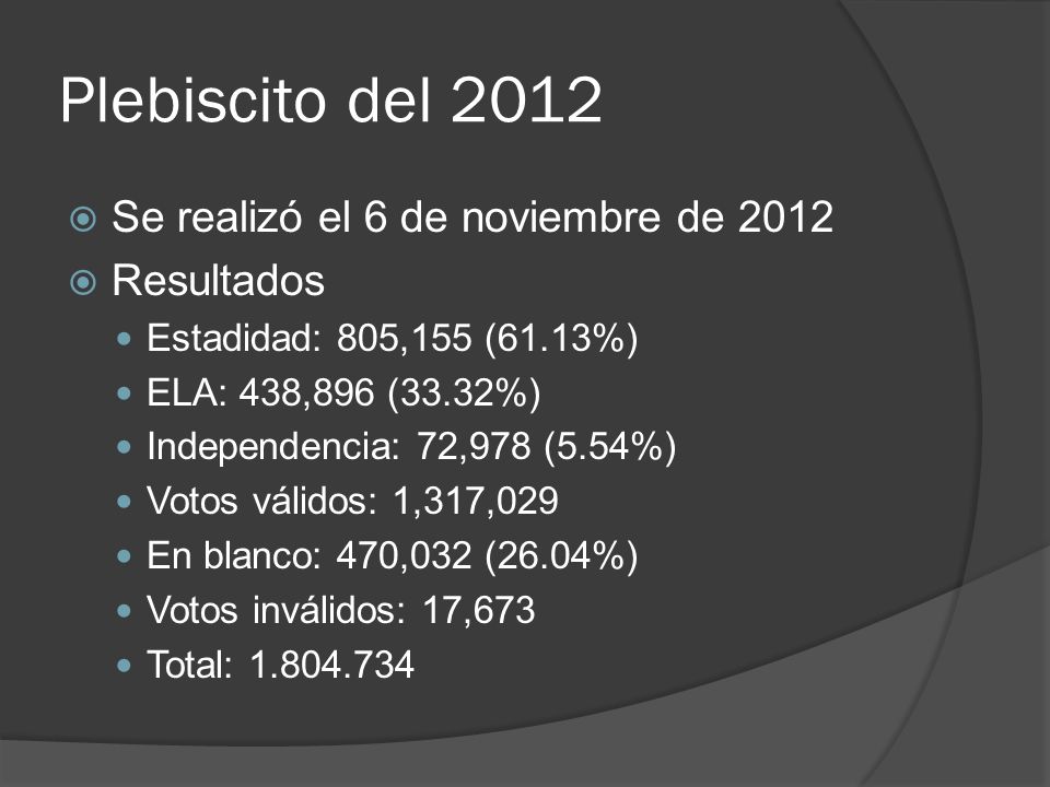 Plebiscito del 2012 Se realizó el 6 de noviembre de 2012 Resultados
