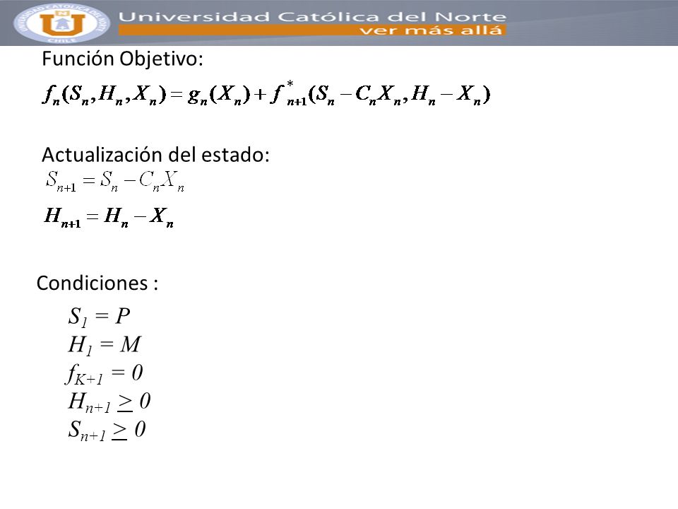 S1 = P H1 = M fK+1 = 0 Hn+1 > 0 Sn+1 > 0 Función Objetivo: