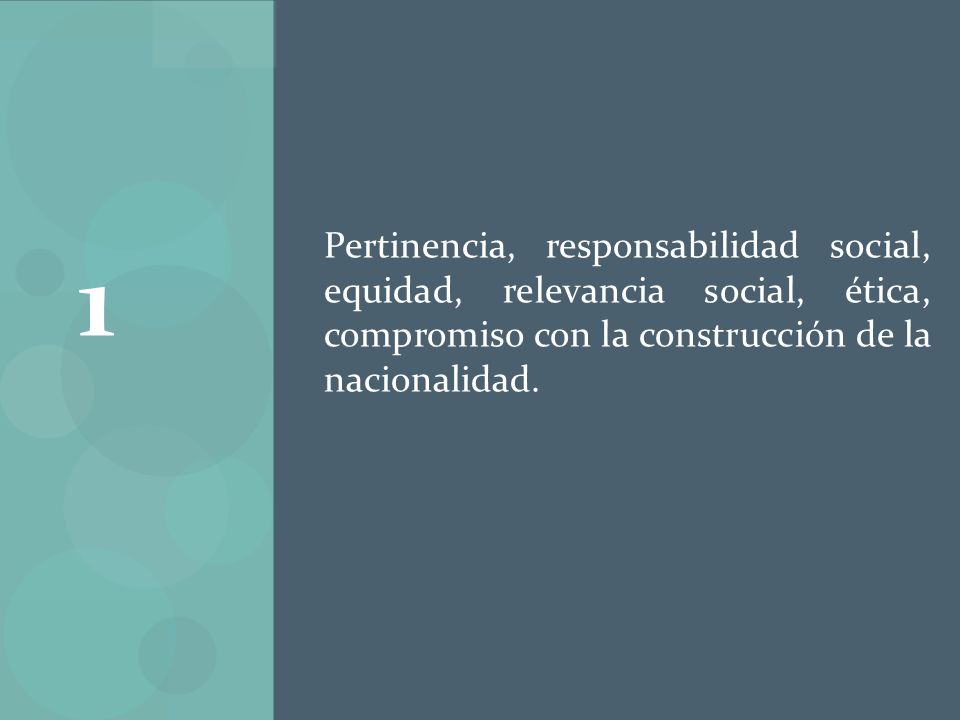 Pertinencia, responsabilidad social, equidad, relevancia social, ética, compromiso con la construcción de la nacionalidad.