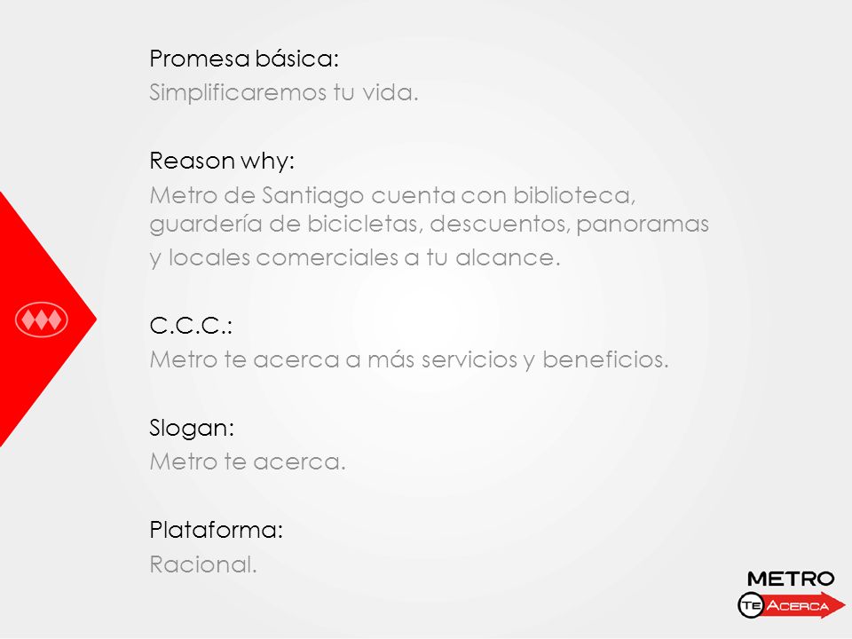 Promesa básica: Simplificaremos tu vida. Reason why: Metro de Santiago cuenta con biblioteca, guardería de bicicletas, descuentos, panoramas.
