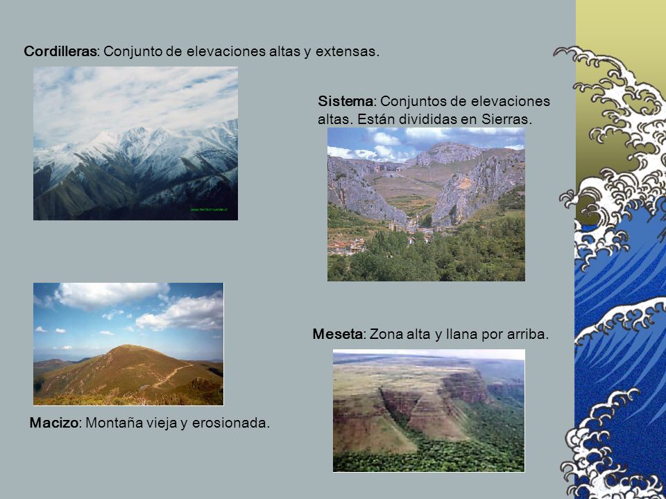 Cordilleras: Conjunto de elevaciones altas y extensas.