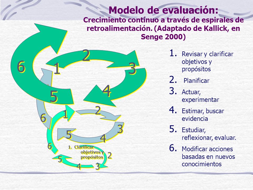 Modelo de evaluación: Crecimiento contínuo a través de espirales de retroalimentación. (Adaptado de Kallick, en Senge 2000)