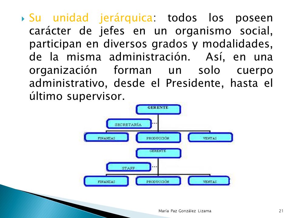 Su unidad jerárquica: todos los poseen carácter de jefes en un organismo social, participan en diversos grados y modalidades, de la misma administración. Así, en una organización forman un solo cuerpo administrativo, desde el Presidente, hasta el último supervisor.
