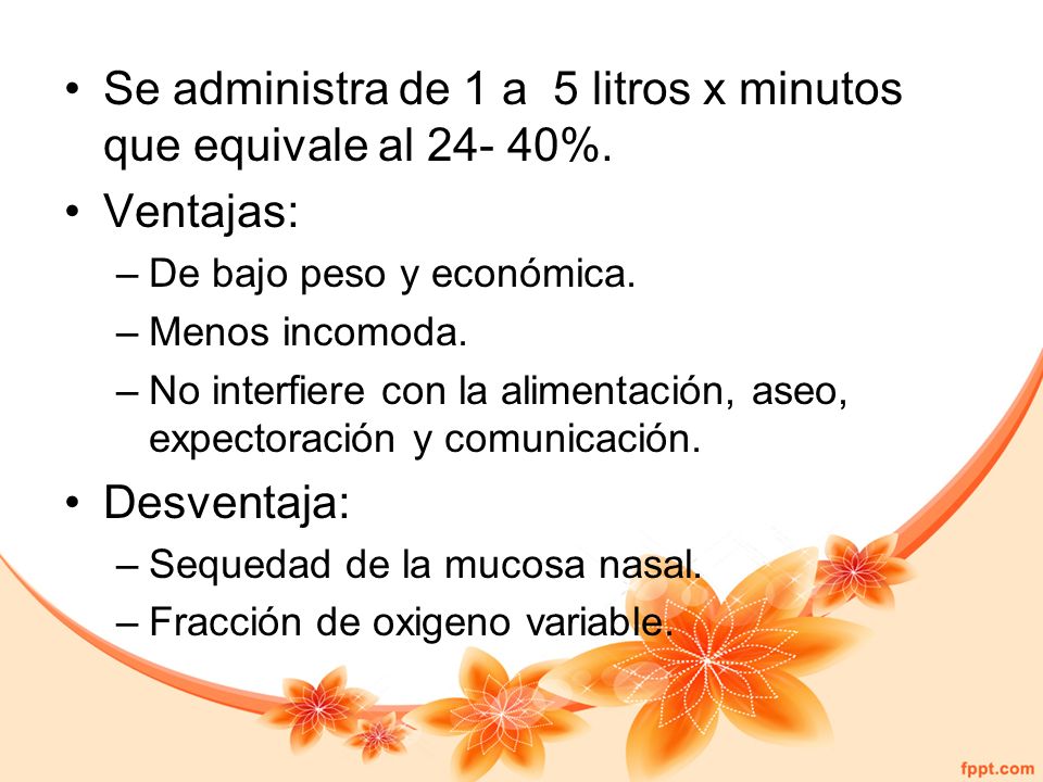 Se administra de 1 a 5 litros x minutos que equivale al %.