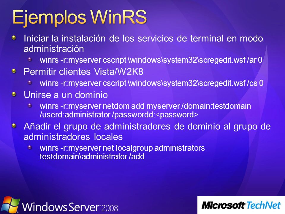 Ejemplos WinRS Iniciar la instalación de los servicios de terminal en modo administración.
