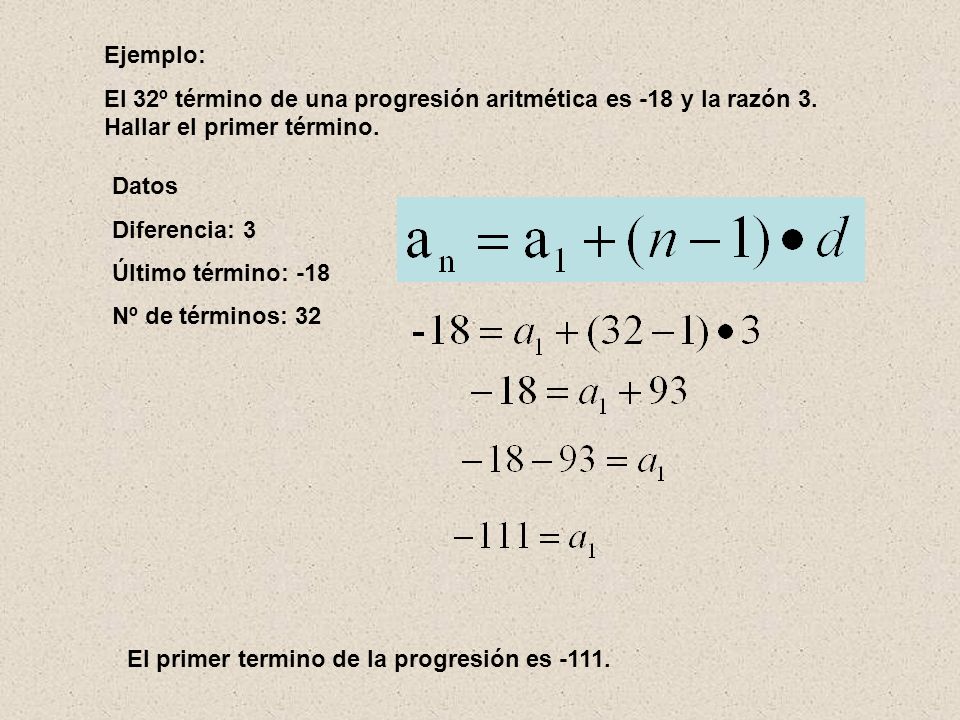 Ejemplo: El 32º término de una progresión aritmética es -18 y la razón 3. Hallar el primer término.