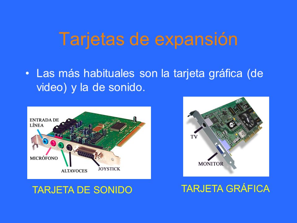 Tarjetas de expansión Las más habituales son la tarjeta gráfica (de video) y la de sonido. TARJETA DE SONIDO.