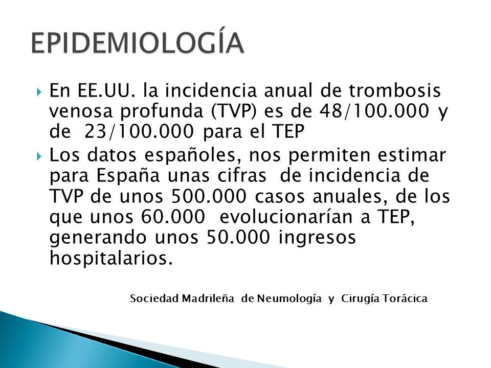 EPIDEMIOLOGÍA En EE.UU. la incidencia anual de trombosis venosa profunda (TVP) es de 48/ y de 23/ para el TEP.