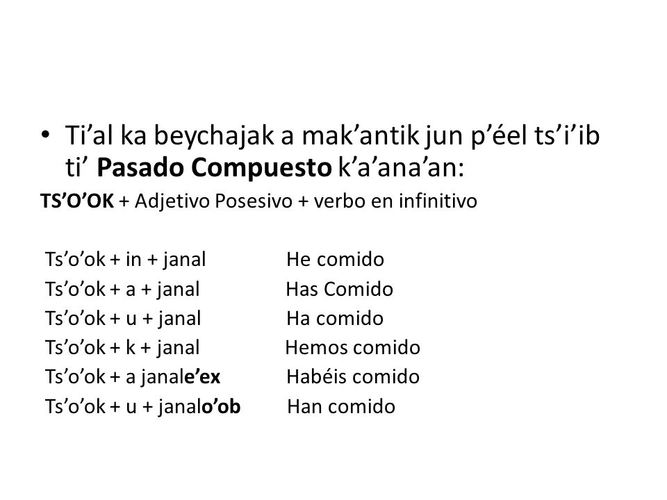 Ti’al ka beychajak a mak’antik jun p’éel ts’i’ib ti’ Pasado Compuesto k’a’ana’an: