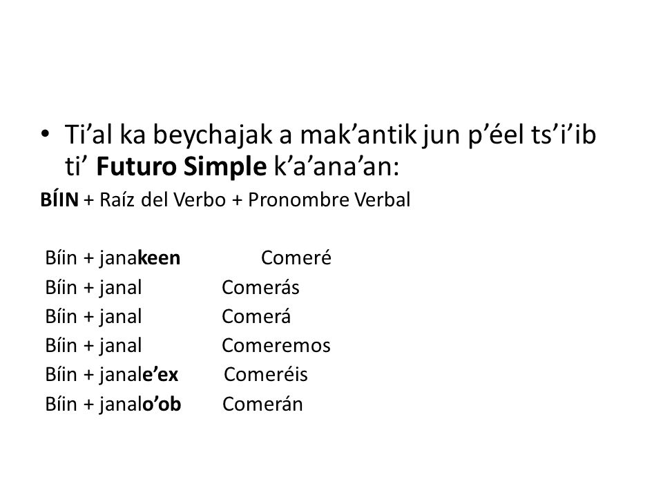 Ti’al ka beychajak a mak’antik jun p’éel ts’i’ib ti’ Futuro Simple k’a’ana’an: