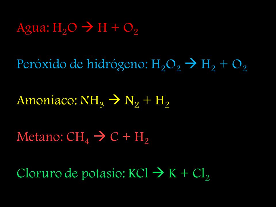Agua: H2O  H + O2 Peróxido de hidrógeno: H2O2  H2 + O2. Amoniaco: NH3  N2 + H2. Metano: CH4  C + H2.