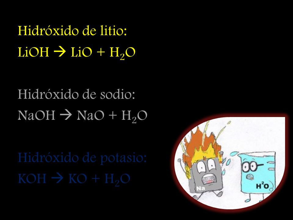 Hidróxido de litio: LiOH  LiO + H2O. Hidróxido de sodio: NaOH  NaO + H2O. Hidróxido de potasio: