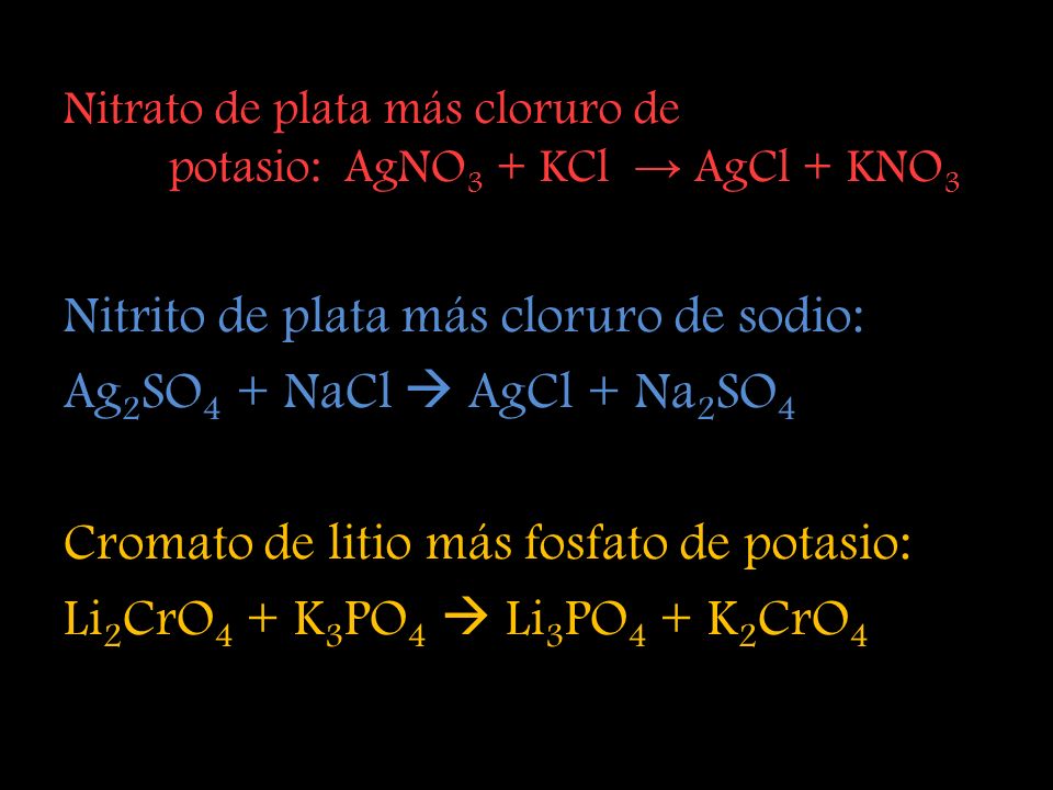 Nitrito de plata más cloruro de sodio: Ag2SO4 + NaCl  AgCl + Na2SO4