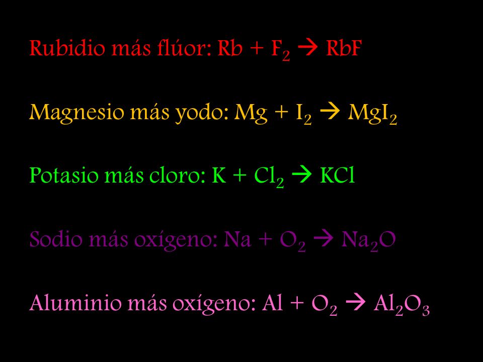 Rubidio más flúor: Rb + F2  RbF Magnesio más yodo: Mg + I2  MgI2 Potasio más cloro: K + Cl2  KCl Sodio más oxígeno: Na + O2  Na2O Aluminio más oxígeno: Al + O2  Al2O3