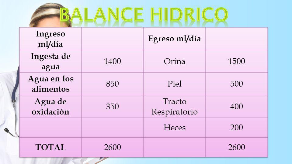 BALANCE HIDRICO Ingreso ml/día Egreso ml/día Ingesta de agua 1400